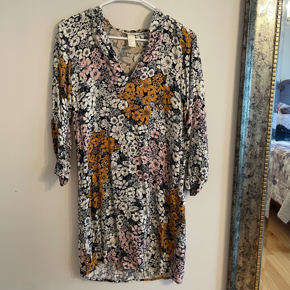 H&M Floral Long Sleeve Dress - Black, Pink, Orange